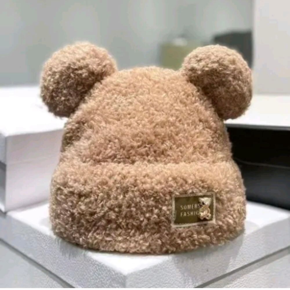Cute Plush Bear Ear Beanie Hat Women Winter Knit Warm Bonnet Caps Skull Cap